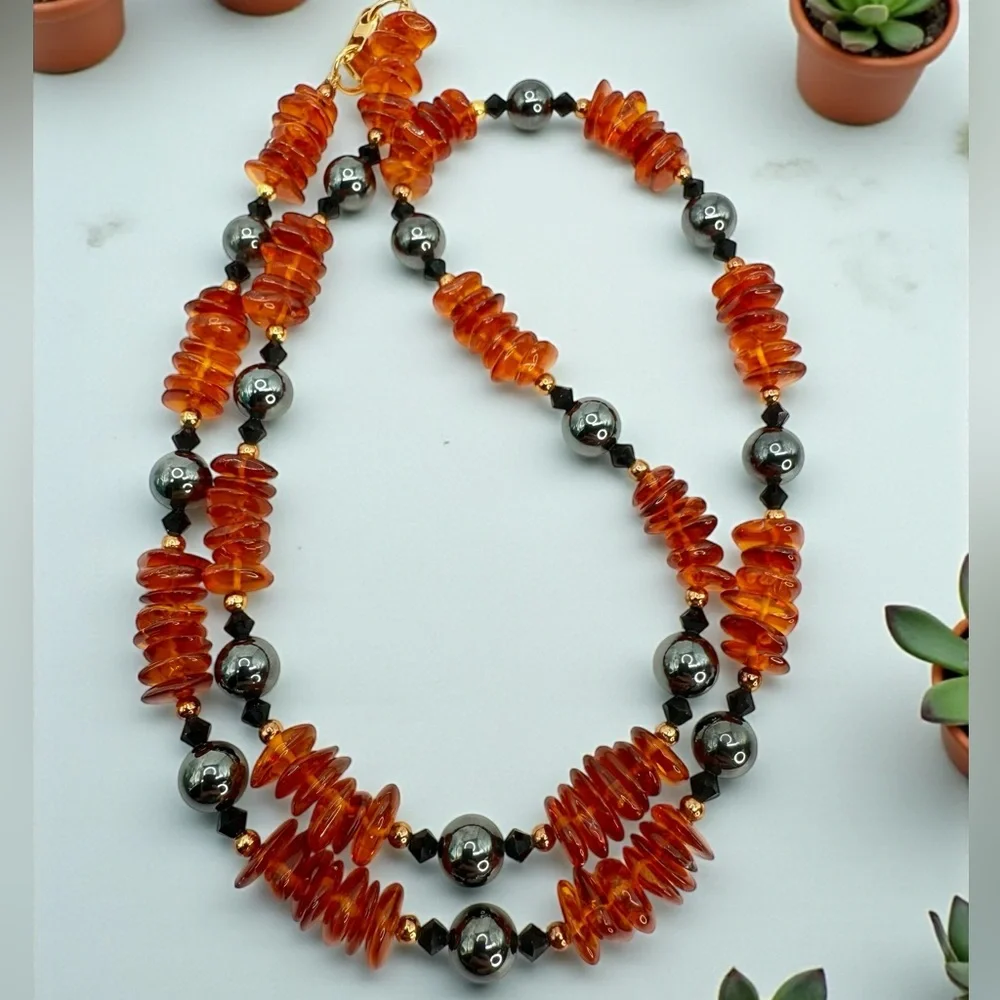 Vintage 26” Natural Amber & Hematite Bead Necklace Gold Fold-Over Clasp Stunning
